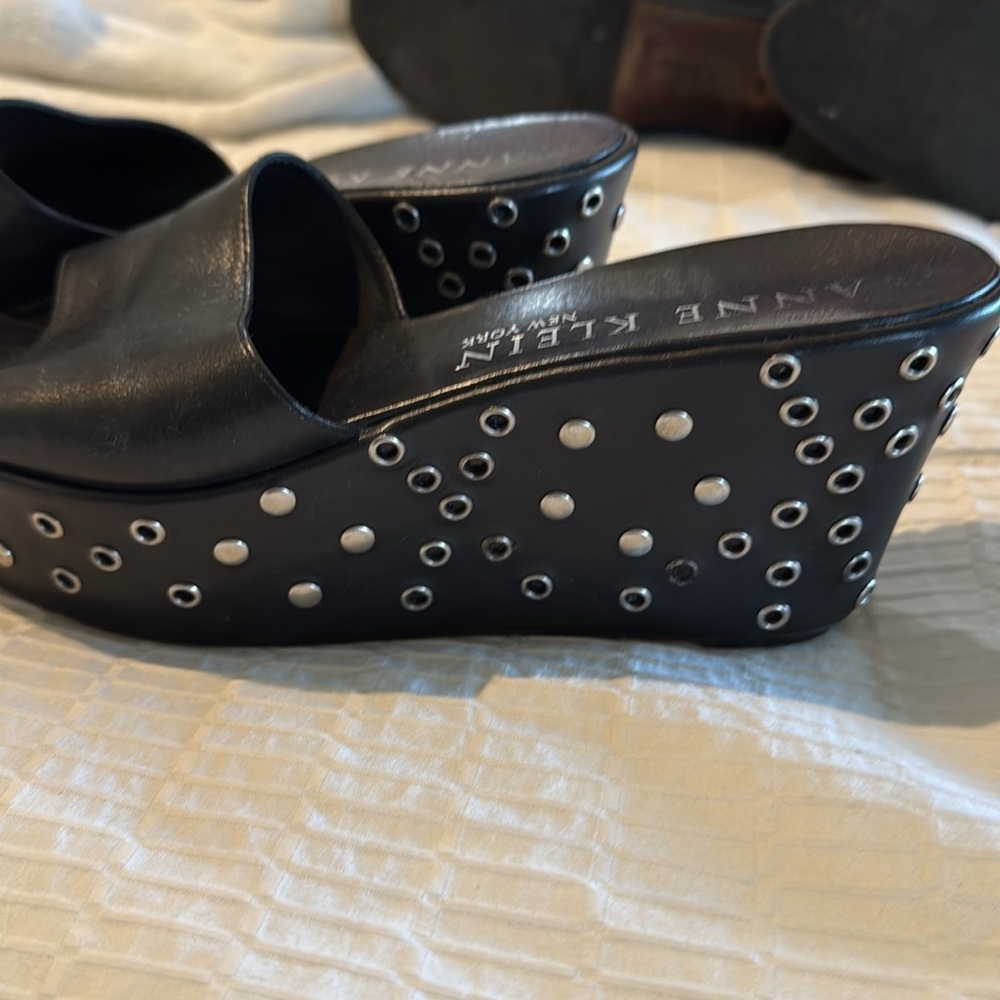 Anne Klein Black Platform Slides with Silver Accents - Picture 2 of 5
